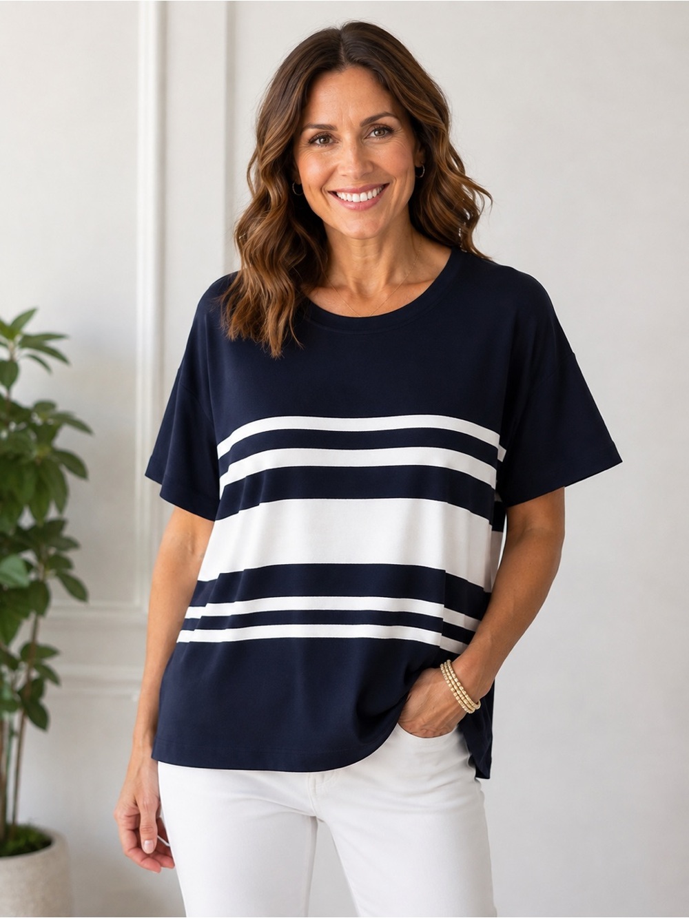 Cabi Catamaran Tee Navy White Striped Top Size S #6420